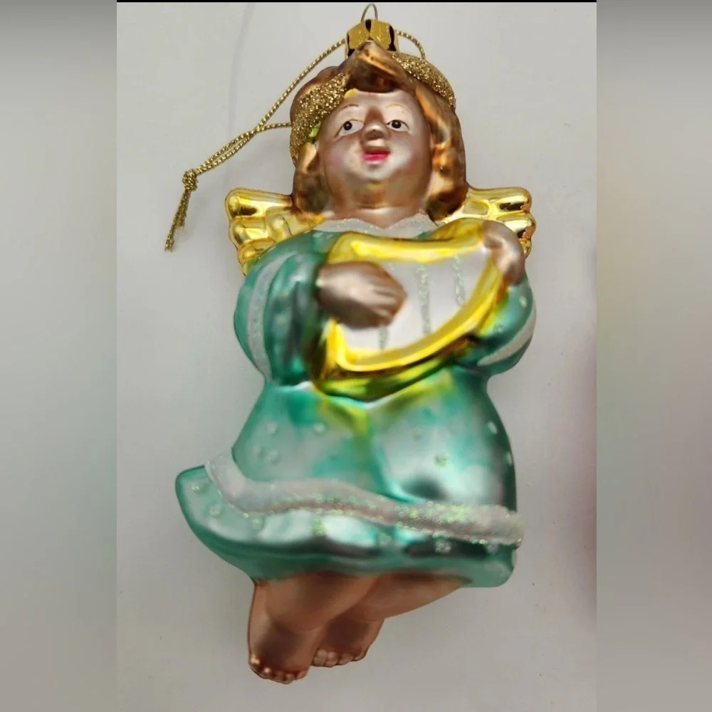 Set of 2 Vintage Blown Glass Ornaments Glitter Angel Radko Style Christmas Decor